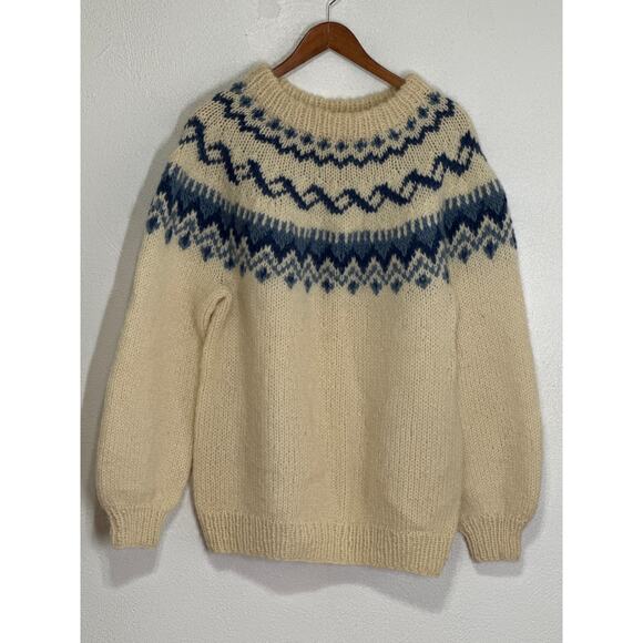 VTG Fuzzy Wool Fair Isle Chunky Sweater L Blue Cream...